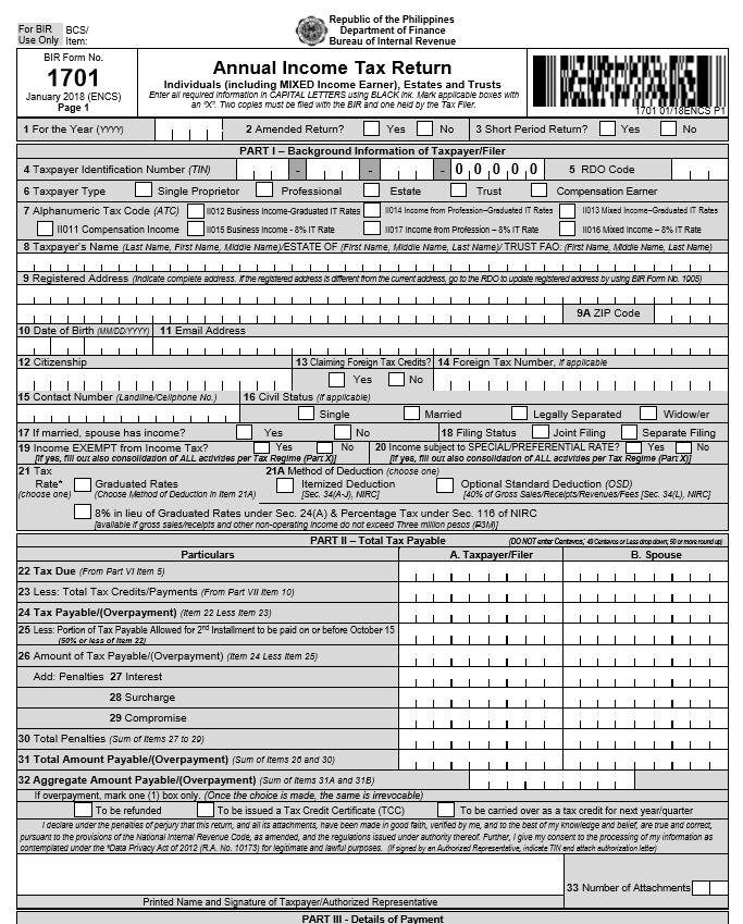 Annual Income Tax Return BIR Form 1701