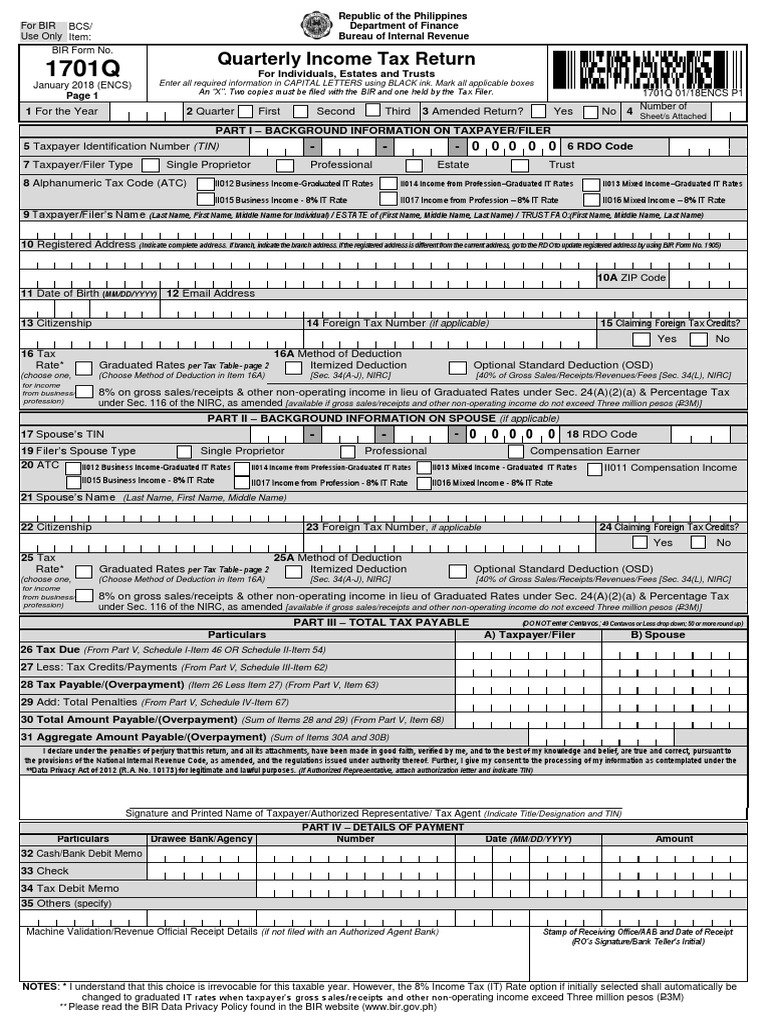 Quarterly Income Tax Return BIR Form 1701Q