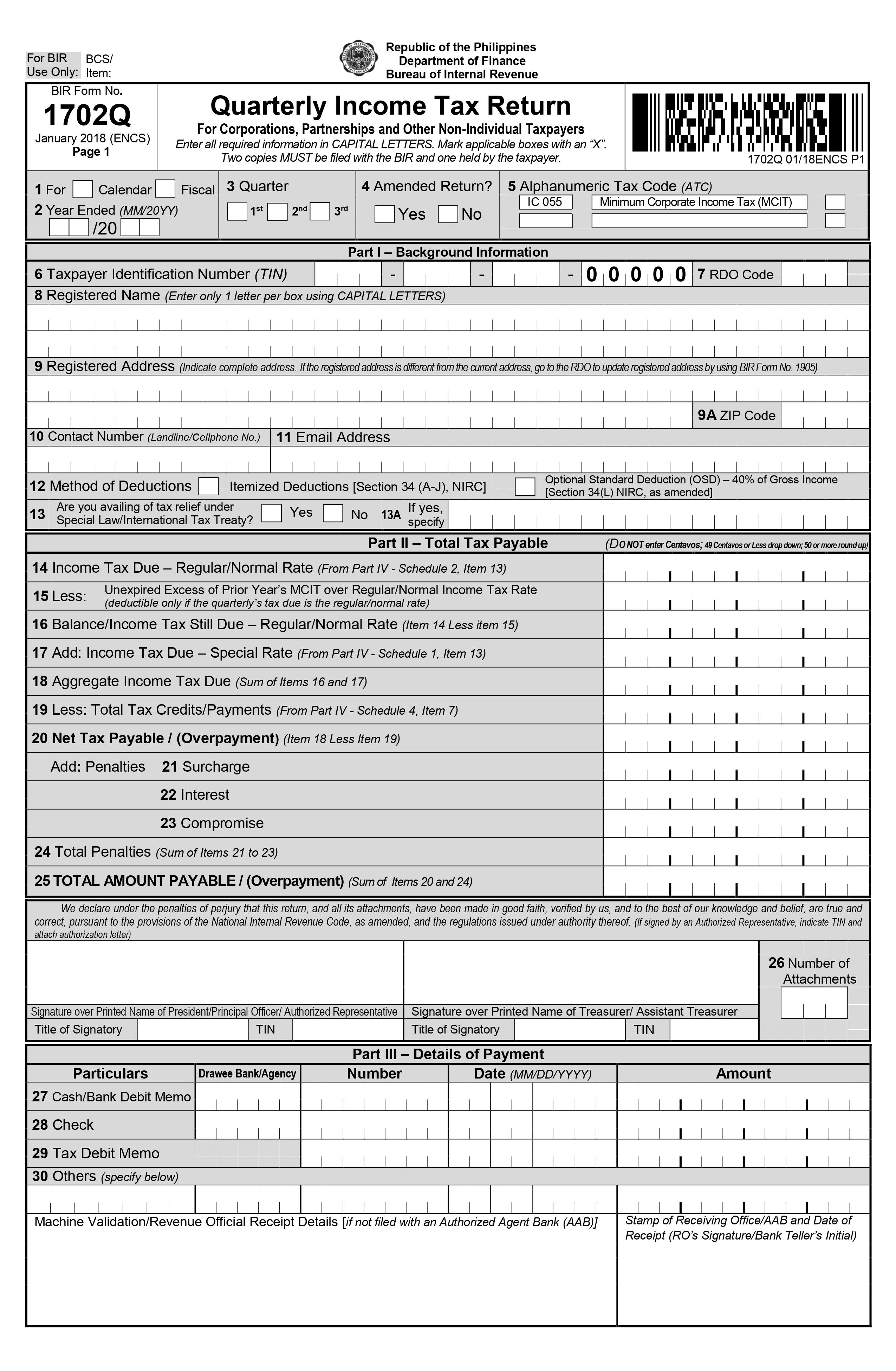 Quarterly Income Tax Return BIR Form 1702Q-1