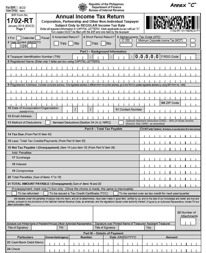 Annual income Tax Return BIR Form 1702RT