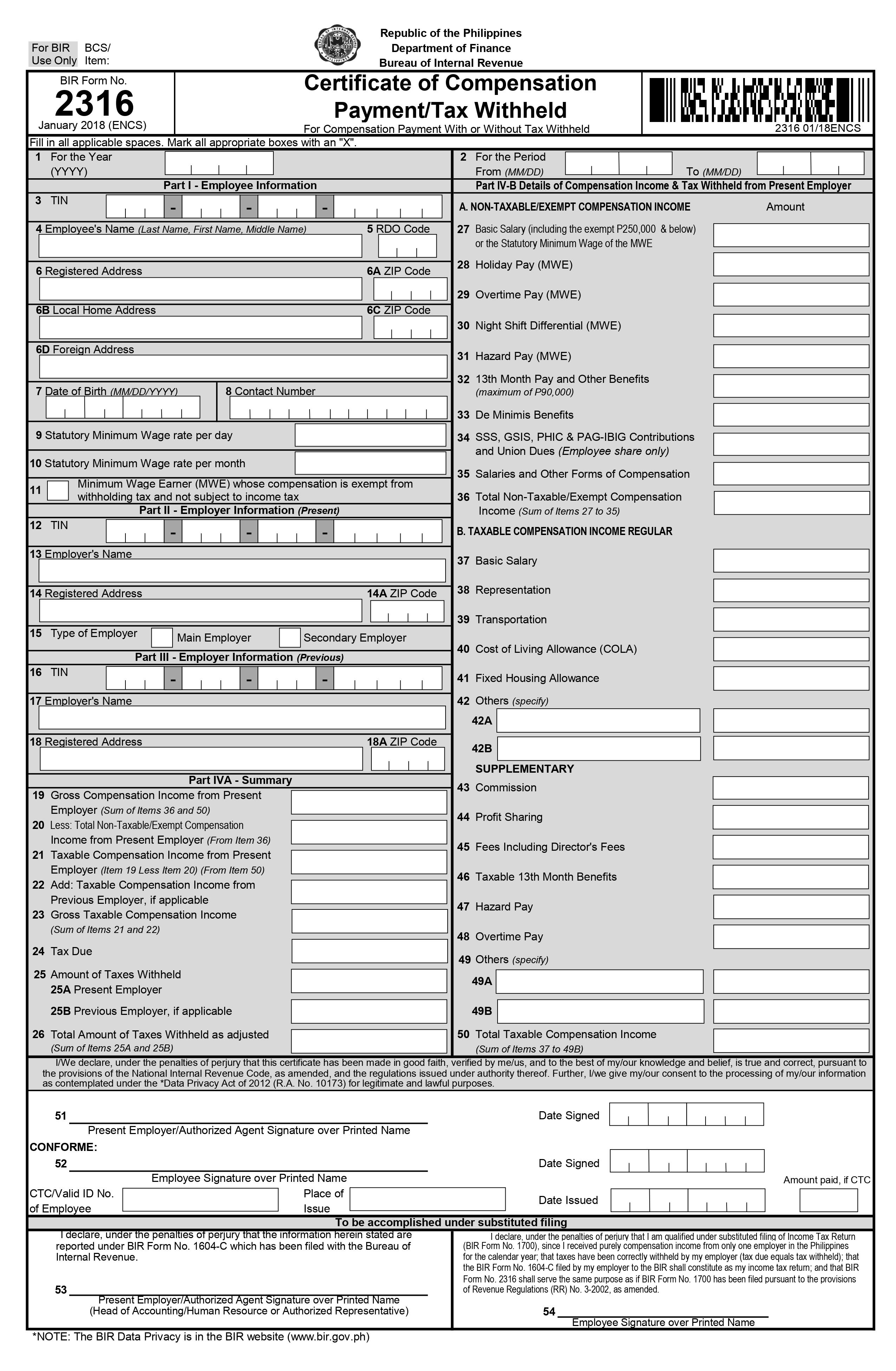 Certificate of Compensation Payment/Tax Withheld BIR Form 2316