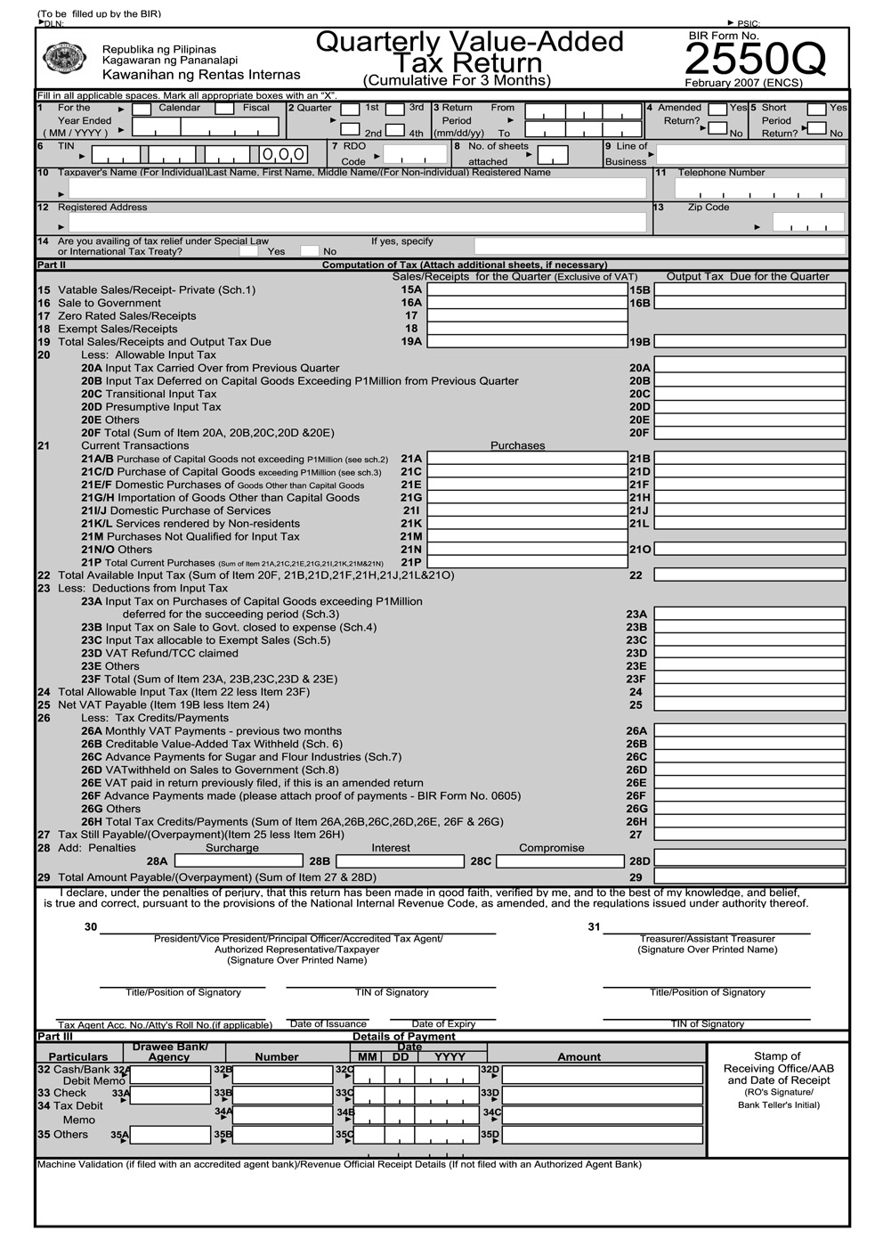 Quarterly Value Added Tax Return BIR Form 2550Q