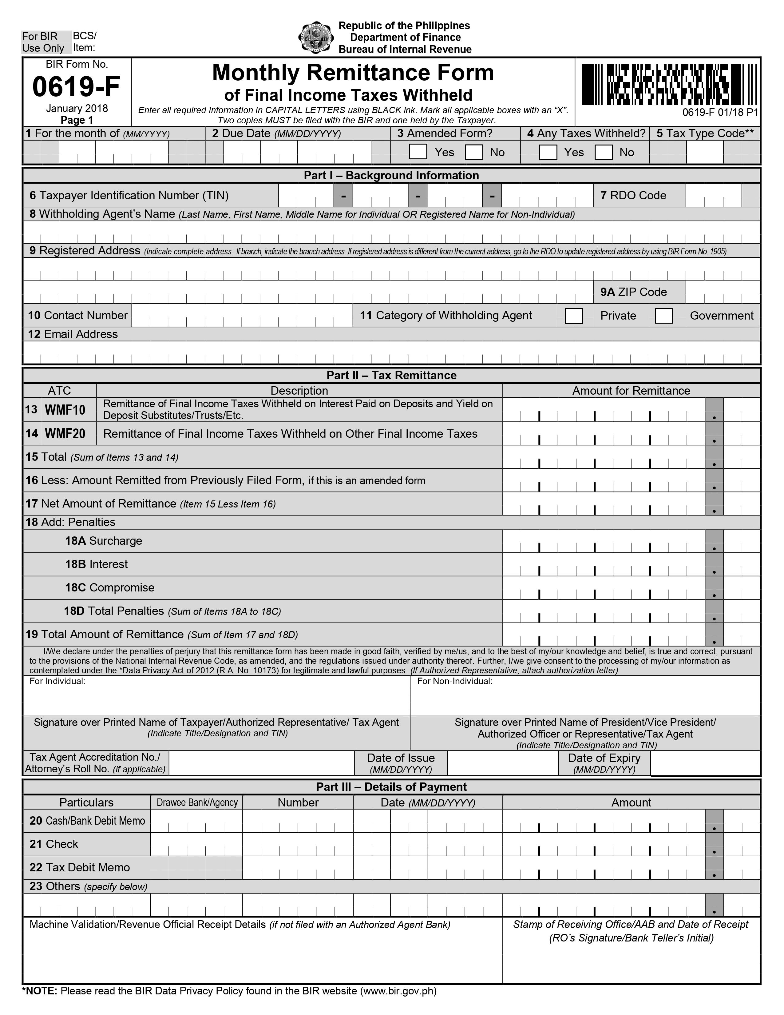 Monthly Remittance Form BIR Form 0619F