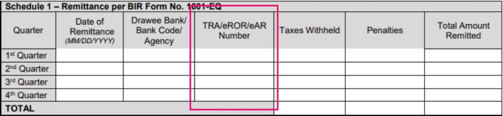 Remittance per BIR Form No. 1601-EQ (TRA/eROR/eAR Number)