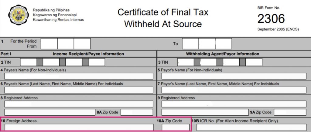 Certificate of Final Tax Withheld At Source BIR Form No. 2306 (Old Version) 