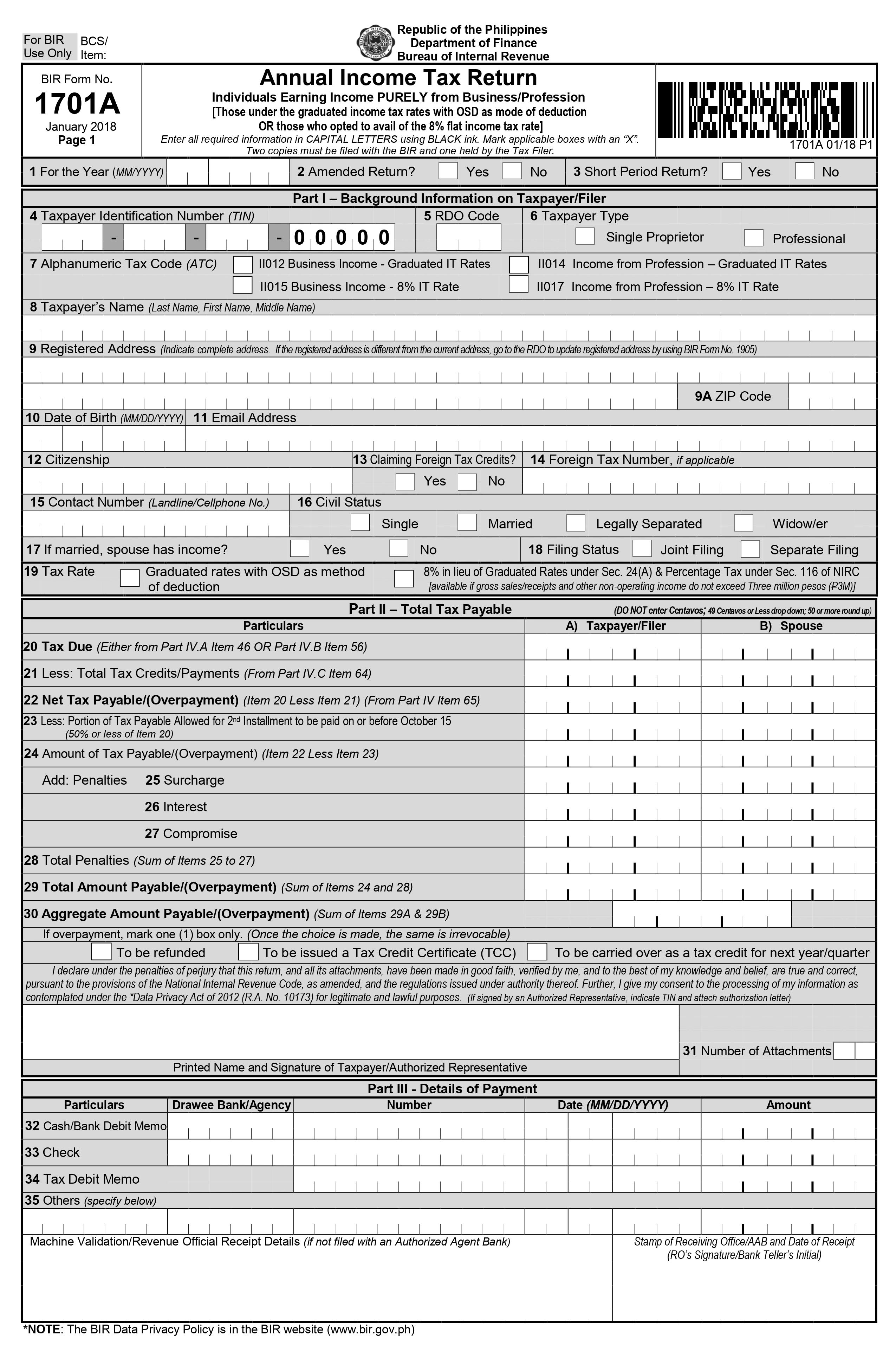 Annual Income Tax Return BIR Form 1701A-1