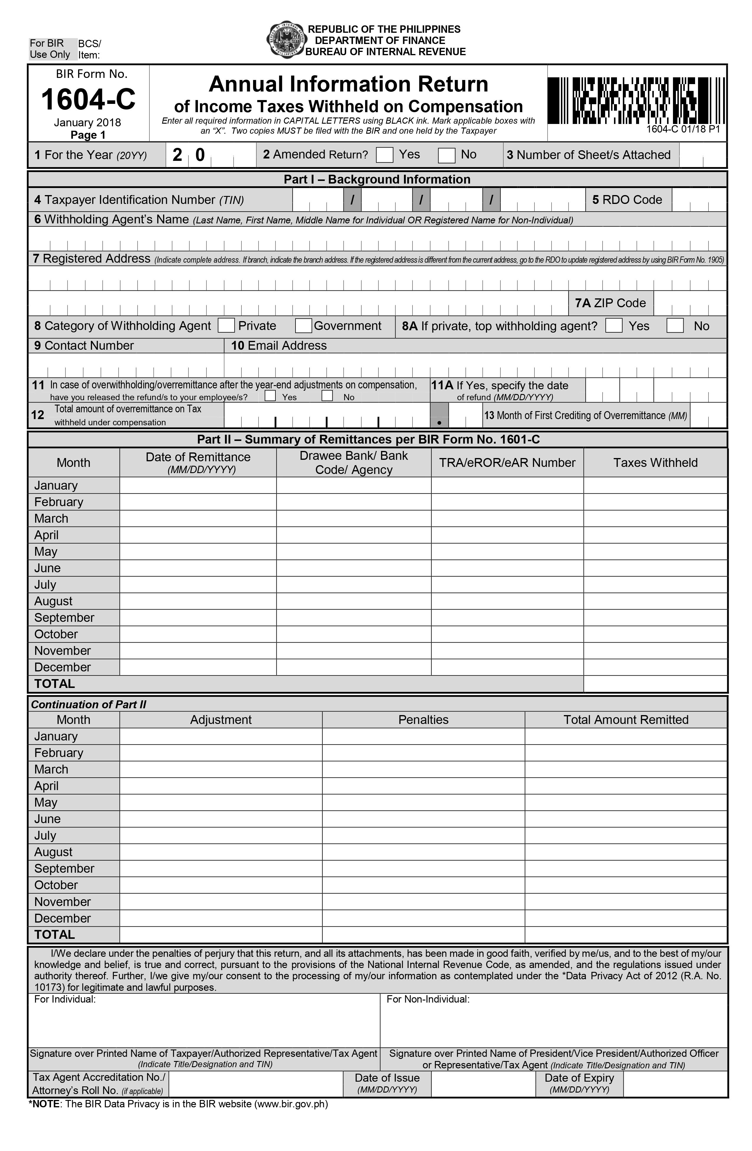 Annual Information Return of Income Taxes Withheld on Compensation BIR Form 1604C