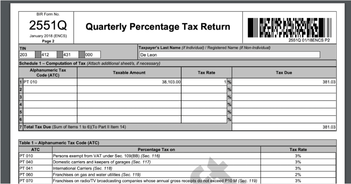 BIR Form No.2551Q Quarterly Percentage Tax Return 