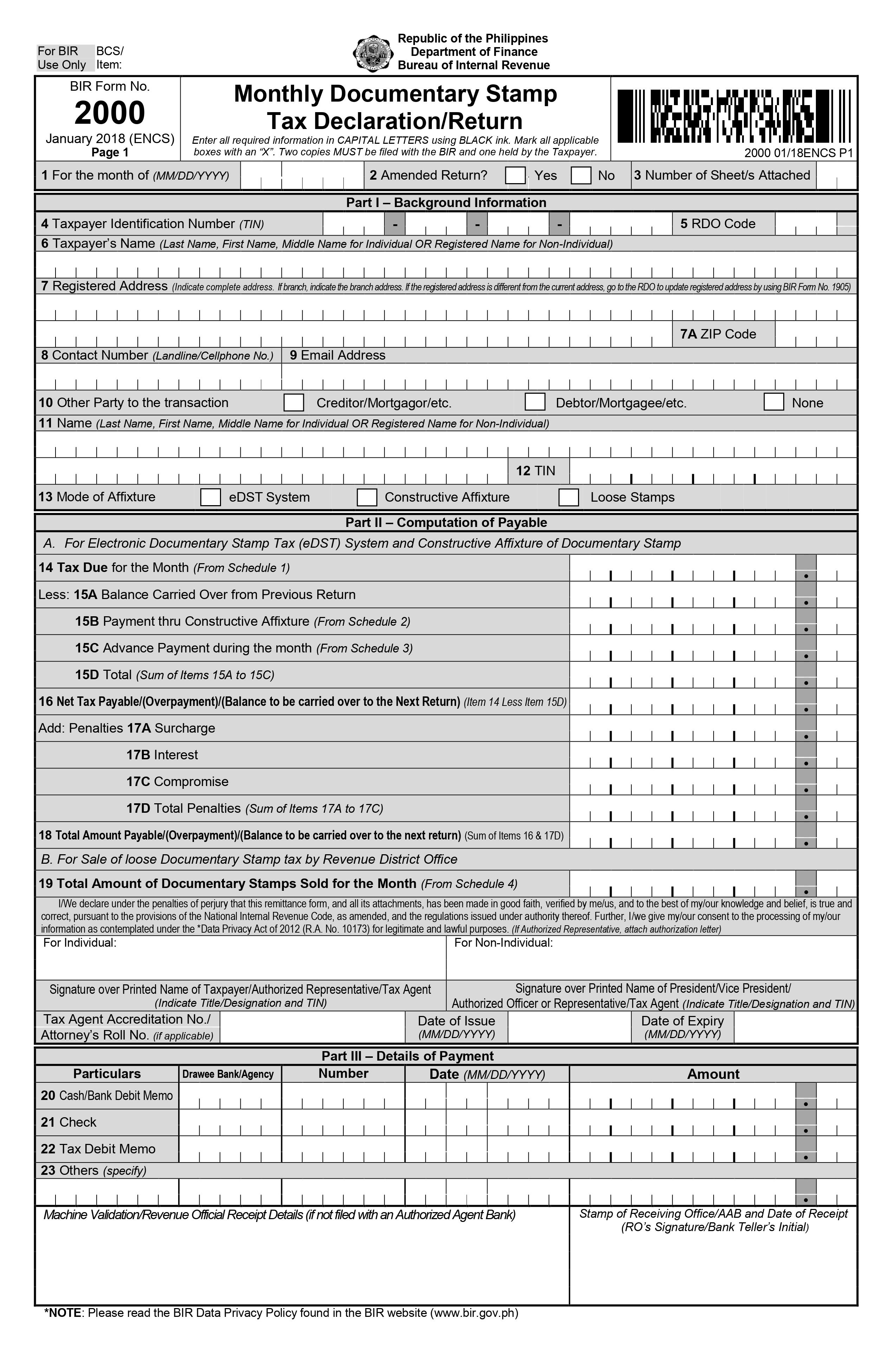 Monthly Documentary Stamp Tax Declaration/Return BIR Form 2000-1